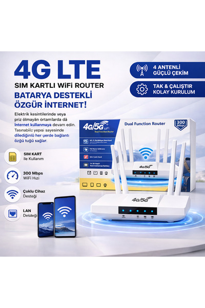 Aırstorr 4G LTE SIM Kartlı 4000mAh WiFi Router 300Mbps | 4 Antenli CPE Modem ...