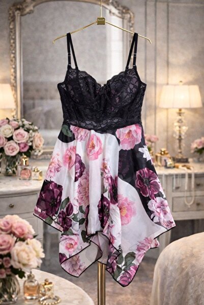 Gece Black Lace Detailed and Floral Patterned Asymmetrical Mini Nightgown