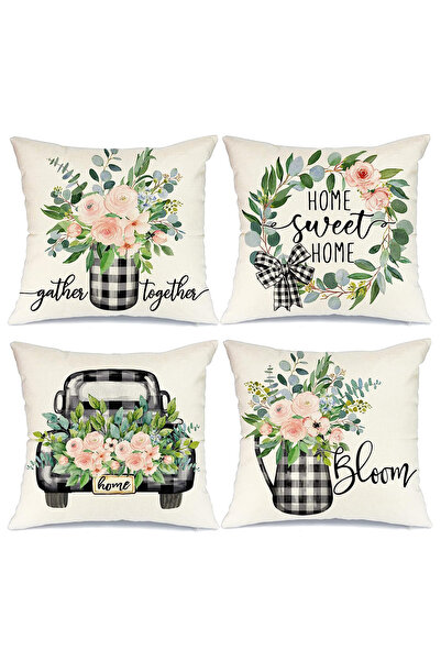 HOMESSA Set of 4 Floral Patterned Throw Pillow Covers Rose Bouquet Home Sweet...