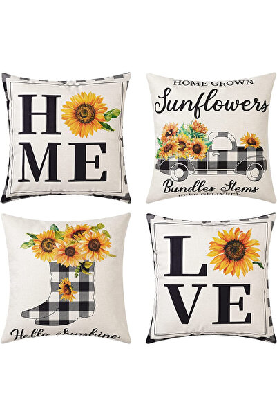 HOMESSA Set of 4 Sunflower Patterned Throw Pillow Covers Hello Summer Text Pr...