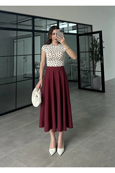 manana fashion Γυναικεία μπορντό φούστα μίντι με ψηλή μέση από ύφασμα Lyocell