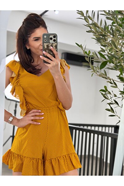 RAMONA BADESCU EXCLUSIVE Γυναικεία κοντή ολόσωμη φόρμα με στάμπα - βολάν, ανο...