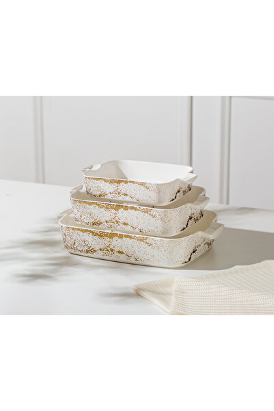 Malooki Σετ 3 ταψιών φούρνου με διακοσμητικά στοιχεία – λευκή πορσελάνη με χρ...