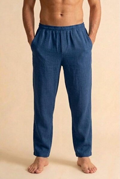 PORİENTO Indigo plave široke muške pantalone od 100% pamučne muslinske tkanin...