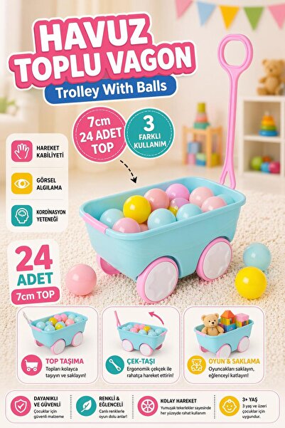 hak-iş oyuncak Mint Yeşili Pembe Çekçekli Renkli Toplu Vagon – 24 Adet Top Seti