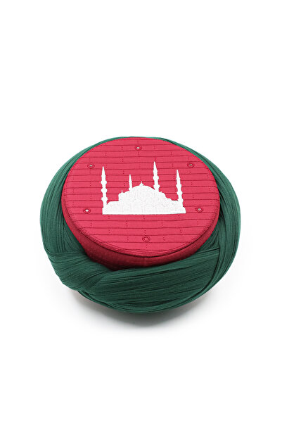 Sarıkhane Cami Sarigy - Green Fabric - Burgundy Skullcap - Crossed Wrap - Cam...