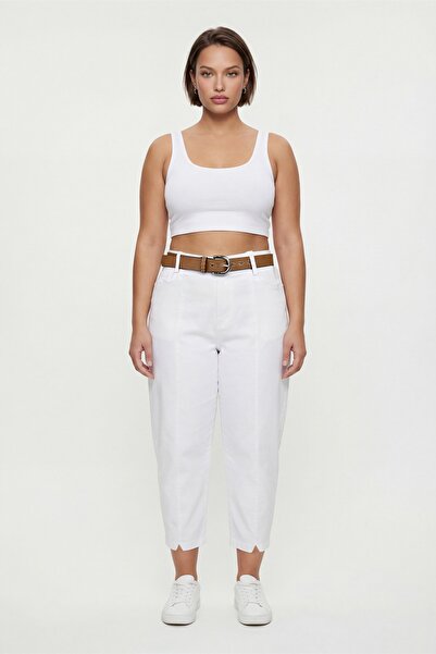 EXİTLİNE Women's White Summer Elastic Waist Belted Shalwar Pants with Accesso...