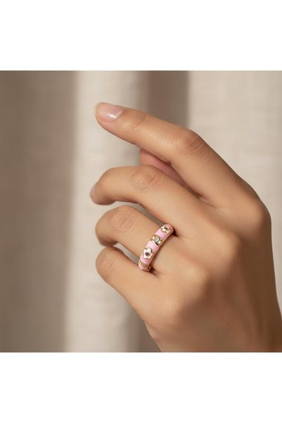 AlminaMia Pink Enamel Flower Motif Adjustable Ring |   Gold Color Plated Brass with Cz Stone