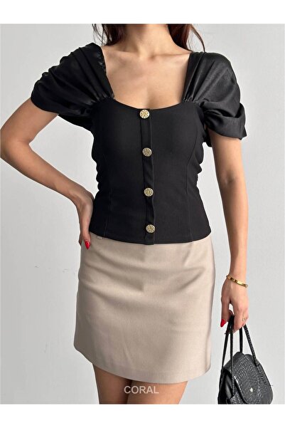 Coral Shoulder Satin Gold Buttoned Blouse 15144 Black