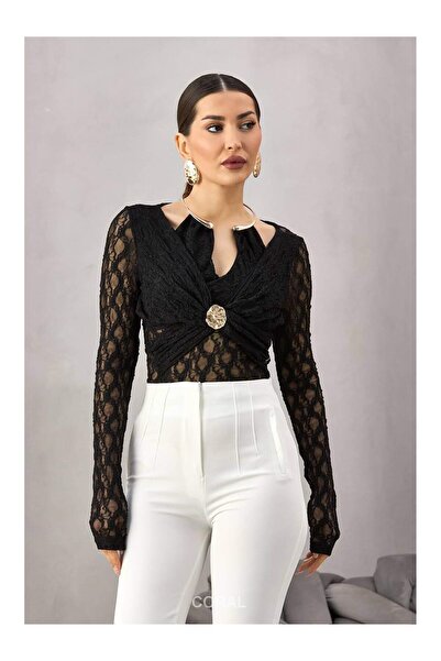 Coral Lace Blouse with Moon Accessory on the Collar 14417 Black