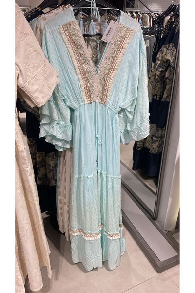 moda gk Nakış Detaylı İçi Astarlı Keten Helen Elbise Turkuaz