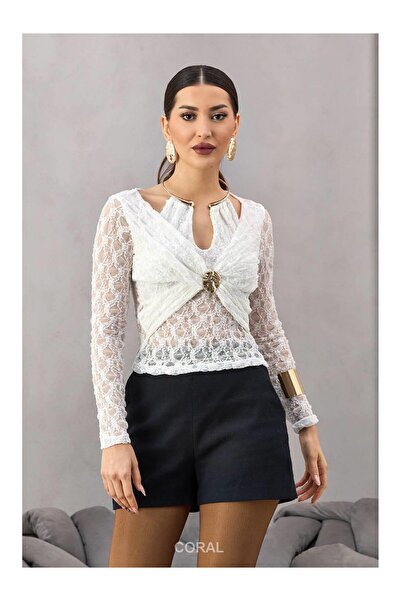 Coral Lace Blouse with Moon Accessory on the Collar 14417 Ecru