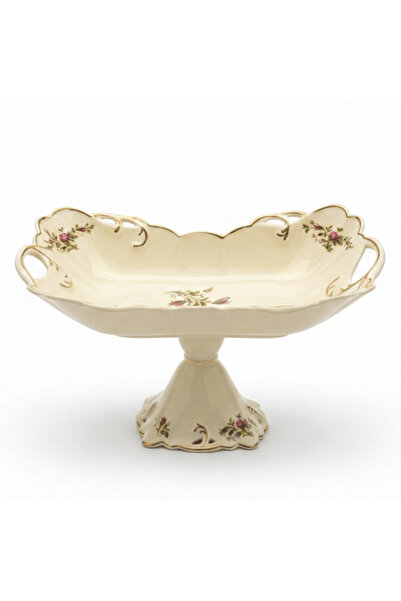 AKDC Angela Premium Footed Cream Ceramic Fruit Serving Bowl with Floral Design