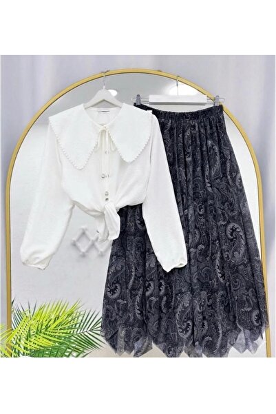 MODA VEDAT Γυναικείο πουκάμισο με γιακά φιόγκο - Σετ με ασύμμετρη φούστα με σ...