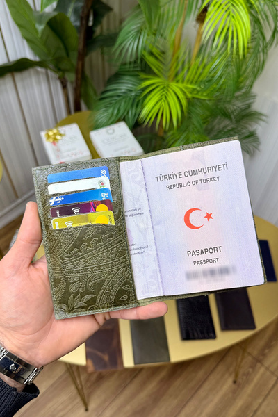 CüzCan İsme Özel Motifli Yeşil Hakiki Deri Pasaport Kılıfı ve Kartlık - Erkek...