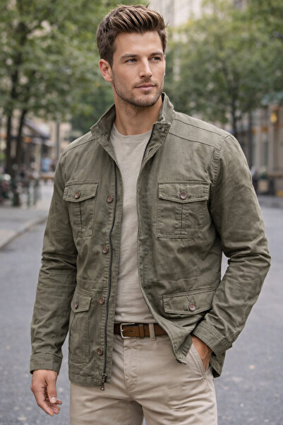 DYNAMO Men's Khaki 100% Cotton Linen Lined Multi-Pocket Summer Coat – Regular...