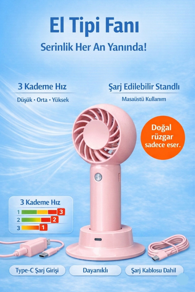 adissa Taşınabilir Standlı Serinletici Fan 3 Hız Ayarlı , TYP-C Şarjlı Fan Ma...