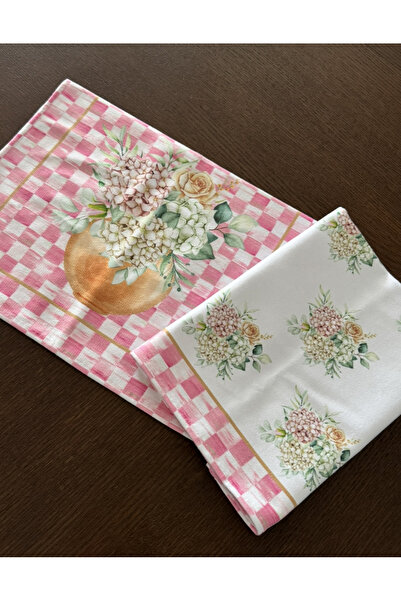 CelinHome Pembe Damalı Çiçekli Fırın Havlusu Seti