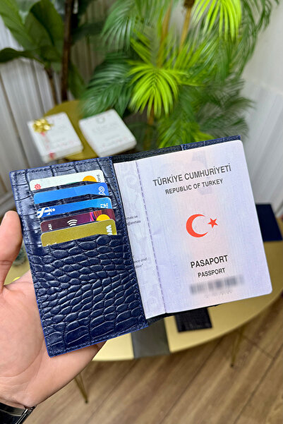 CüzCan İsme Özel Croco Lacivert Hakiki Deri Pasaport Kılıfı ve Kartlık - Erke...