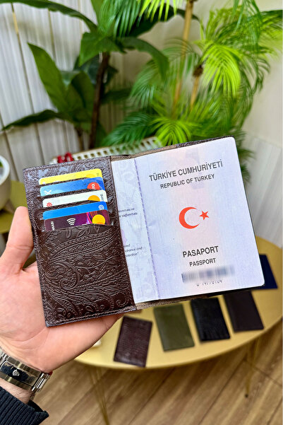 CüzCan İsme Özel Motifli Kahverengi Hakiki Deri Pasaport Kılıfı ve Kartlık - ...