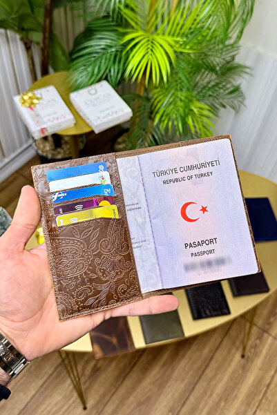CüzCan İsme Özel Motifli Taba Hakiki Deri Pasaport Kılıfı ve Kartlık - Erkek/...
