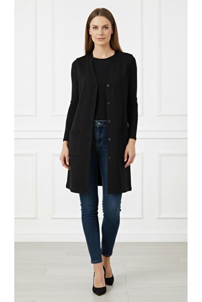 Kuraff Giyim Women's Mother Long Slim Buttoned Pocketed Combed Cotton Vest