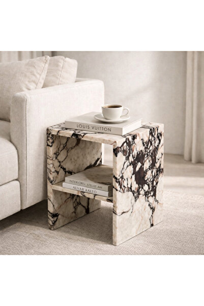 ESİLA MARBLE Calacatta Viola Mermer Raflı Yan Sehpa – Modern Minimalist 2 Kat...