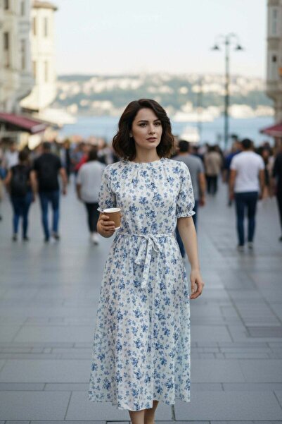 Mossta Φόρεμα με λαιμόκοψη ποδηλάτου και ζώνη, από μονόχρωμο ζέρσεϊ - Μπλε