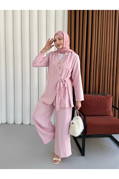 Modaensarbutik Yandan Bağlamalı Ceket Pantolon Tesettür Takım-PEMBE