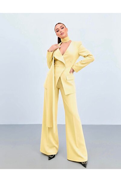 ossons Σετ Ζακέτας Διπλού Στήθους σε Χρώμα Βουτυροκίτρινο Premium με Δέσιμο σ...