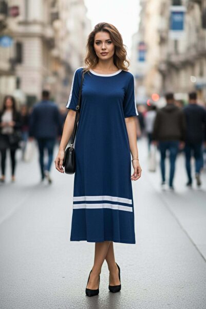 Mossta Φόρεμα μίντι από βισκόζη με λεπτομέρεια ρίγες στον λαιμό - Μπλε ναυτικό