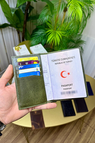 CüzCan İsme Özel Yeşil Hakiki Deri Pasaport Kılıfı ve Kartlık - Erkek/Kadın P...