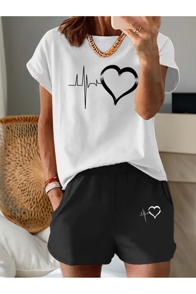 puolikuu Γυναικεία φόρμα oversized με ΣΟΡΤΣ, μπλουζάκι με στάμπα καρδιάς - ΣΟΡΤΣ