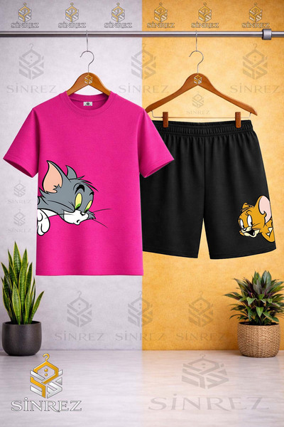 SİNREZ Tricou cu gât rotund cu imprimeu personalizat pentru copii CAT MOUSE T...