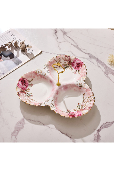 Malooki Πορσελάνινη πιατέλα τριών τμημάτων, με vintage floral σχέδιο, χρυσή λαβή