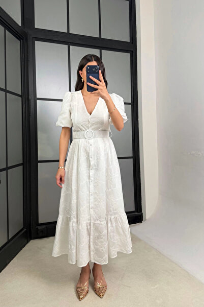 URİS Γυναικείο βαμβακερό φόρεμα με λαιμόκοψη V, λευκή επένδυση, κεντημένο με ...