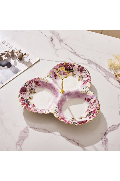 Malooki Πορσελάνινη πιατέλα τριών τμημάτων, με vintage floral σχέδιο, χρυσή λαβή