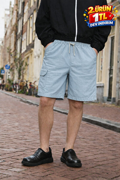 DAMGA JEANS Ανδρικό λινό σορτς Premium Jogger Relax με τσέπες Cargo σε ανοιχτ...