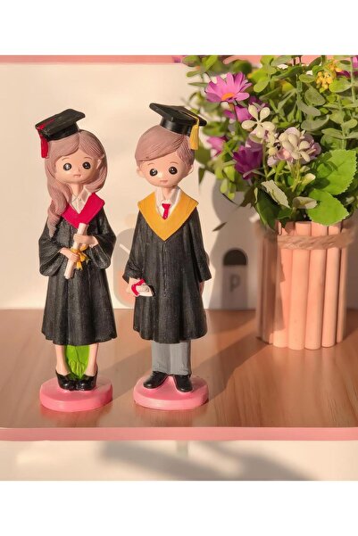 ELSELİFE Lüks Polyester Mezun Öğrenci Biblo 2’li Set 20 cm Dekoratif Reçine H...