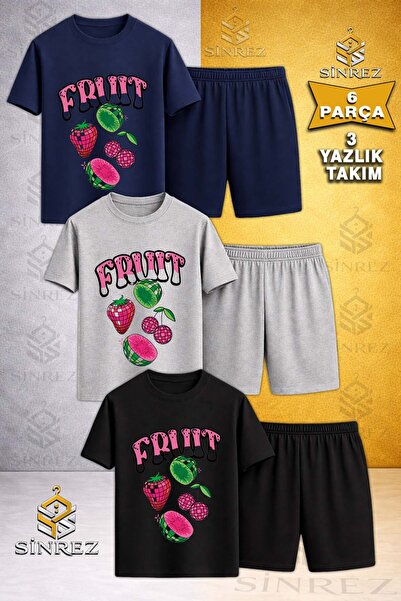 SİNREZ Children's Meyve 4Lu Fruit Written Printed Crew Neck 3-Piece T-Shirt -...