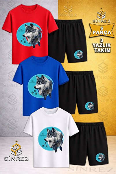 SİNREZ Tricou pentru copii, 3 piese, cu imprimeu, cu gât rotund, din pânză, g...
