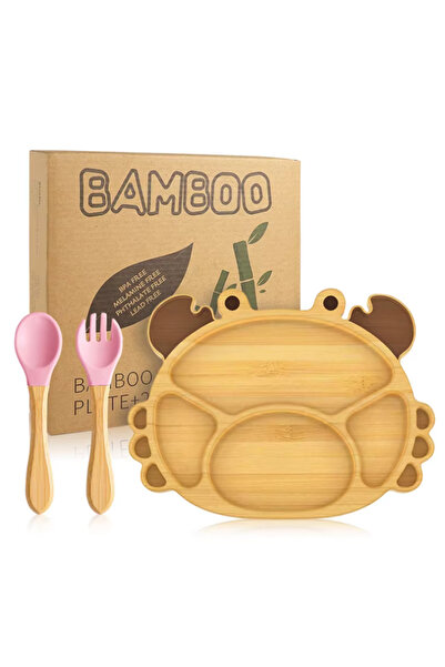 QN Crab suction cup bowl plate feeding fork spoon set silicone bamboo baby bo...