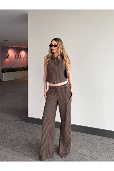 Laluvia Καφέ Ριγέ Γιλέκο και Παντελόνι Σετ - 8430