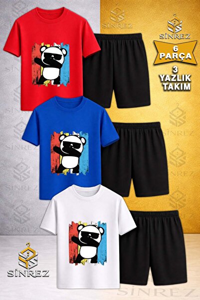 SİNREZ Children's Panda Colorful Tvl Glasses Printed Crew Neck 3-Piece T-Shir...