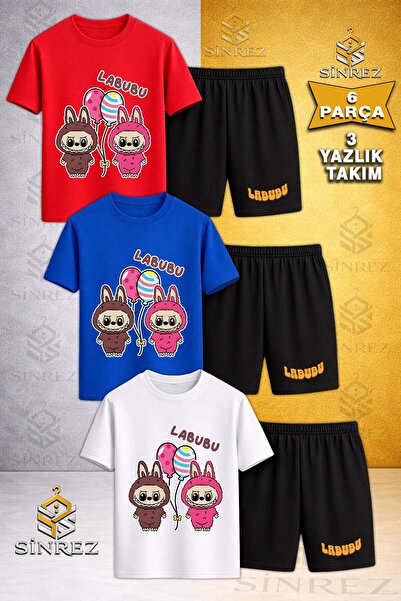 SİNREZ Children's Labubu 2Li Balloon Printed Crew Neck 3-Piece T-Shirt - Shor...