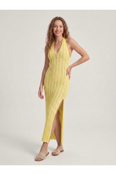 Neden Tekstil Γυναικείο μακρύ φόρεμα παραλίας με διάτρητο λαιμόκοψη και σκίσι...