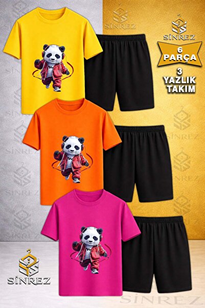 SİNREZ Set de tricou și pantaloni scurți pentru copii PANDA KRMZ HEADPHONE, i...
