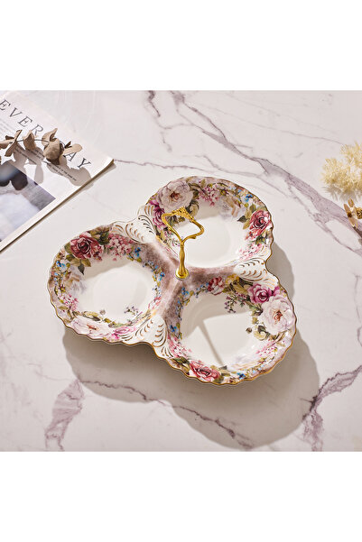 Malooki Πορσελάνινη πιατέλα τριών τμημάτων, με vintage floral σχέδιο, χρυσή λαβή