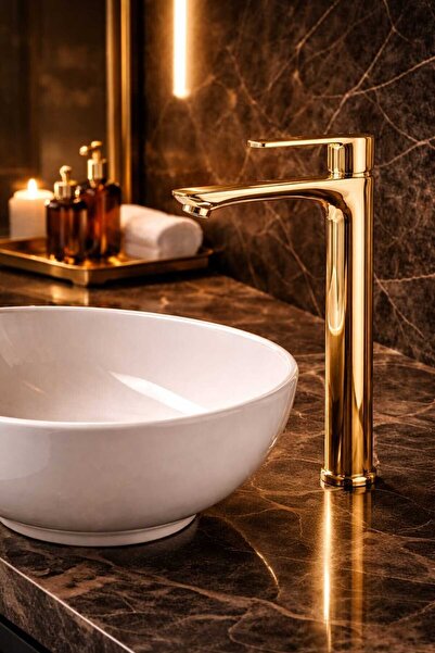 Viosa Gold Altın Renk Kaplamalı Çanak Lavabo Bataryası Yüksek Banyo Lavabo Ba...