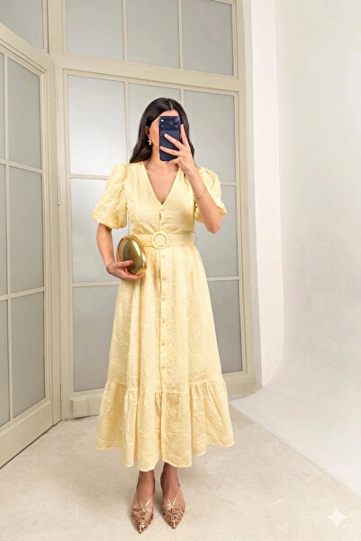 Lusin Γυναικείο βαμβακερό φόρεμα με λαιμόκοψη V, κίτρινη επένδυση, κεντημένο ...